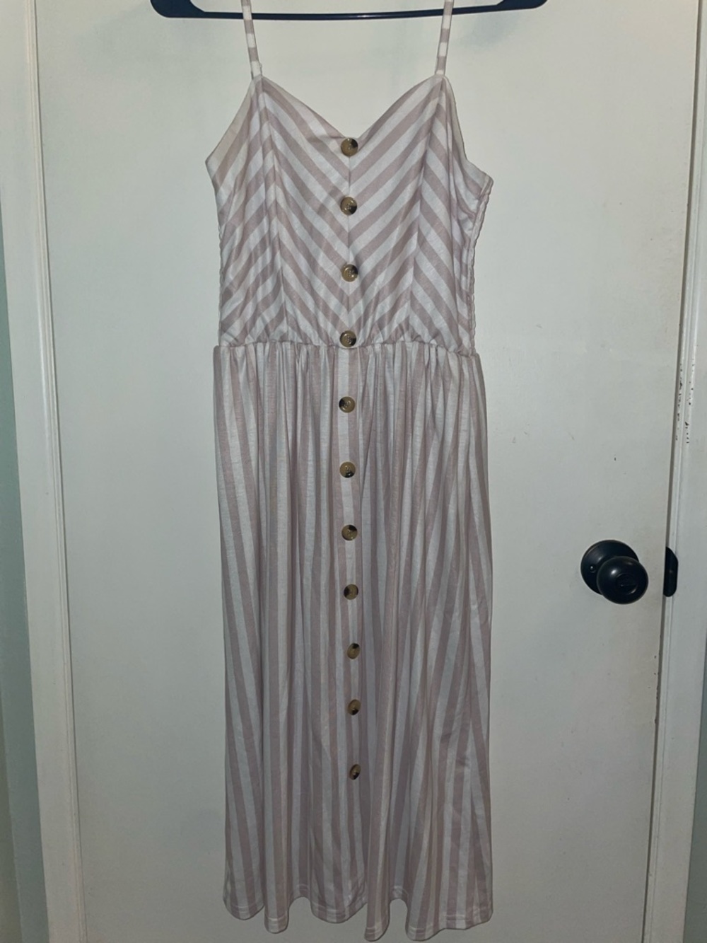 Striped Button-Front Spaghetti Strap Maxi Dress in Blush and White